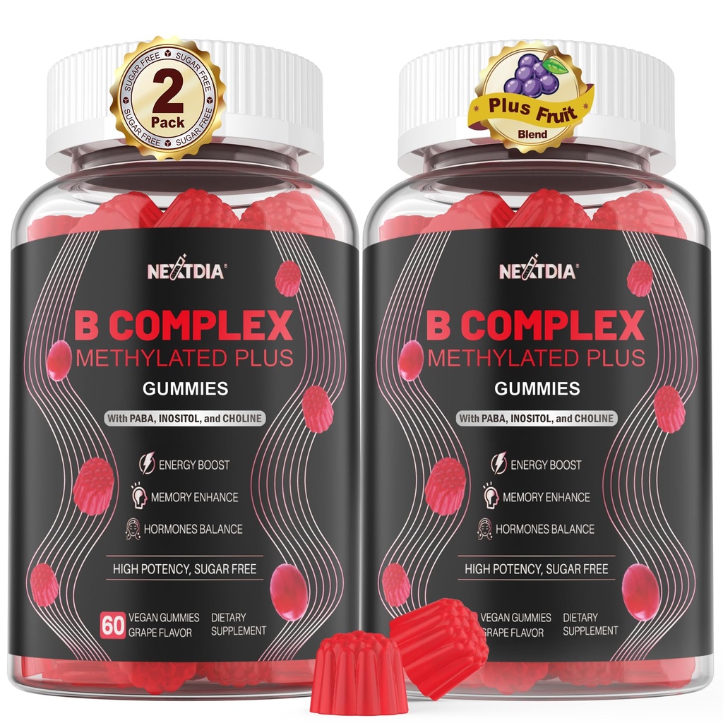 Cerebro &amp; Mood Soporte Gummies, Super vitamina B Complejo para Hombres &amp; Mujeres, Todas B Vitamina B1 B2 B5 B7 Folate MethyB12 con PABA, Inositol, Choline, soporta MTHFR Gene & Energy, Vegan, 120Ct