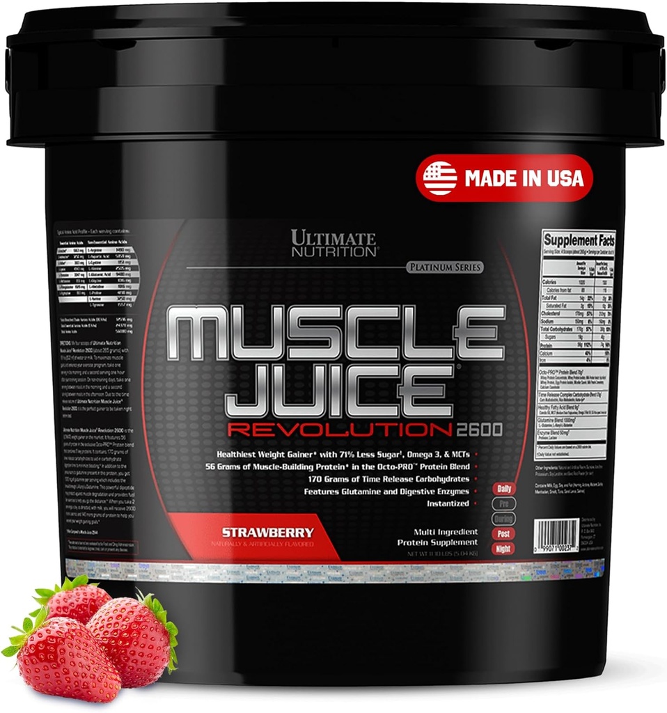 Ultimate Nutrition Muscle Juice 2600 Revolution, Weight Gain Drink Mix - Mass Gainer Workout Powder Suplemento para el crecimiento del músculo magro y recuperación con 56g Protein Blend - Strawberry, 11.105lb