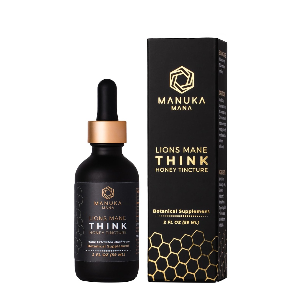 Lions Mane Think Honey Tincture USA Wild Harvested Lions Mane, Triple Tintura Extracted, Manuka Honey (MGO 150+), 100% Fruiting Body, 2 fl oz (60 Servings)