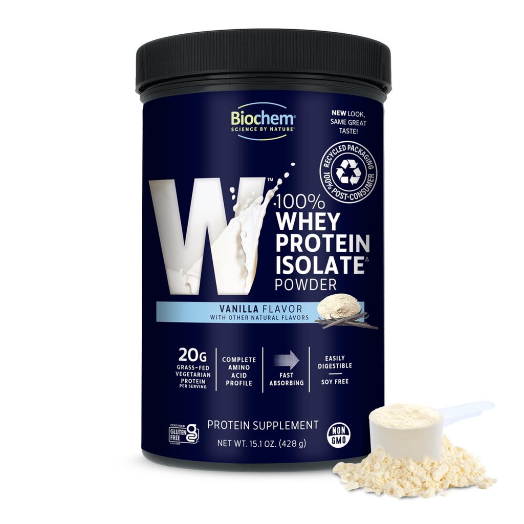 Biochem 100% Whey Isolate Protein - Vainilla Flavor - 15.1 Ounce - Apoya Immune Health - Fácilmente Digestible - Refreshing Taste - 20g Vegetarian Protein - Amino Acids