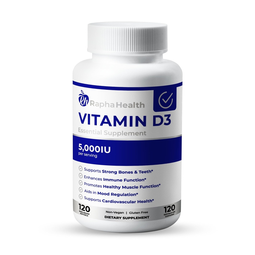 Vitamina D3 High Potency TEN 5000 UI para Immune, Bone y Cardiovascular Support TEN Enhances Mood and Muscle Function TEN 120 Softgels - 4 Month Supply