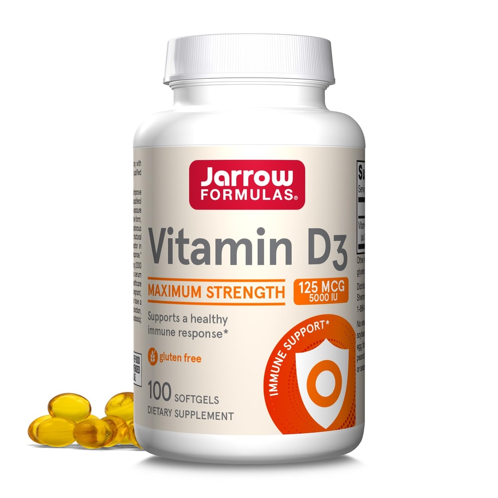 Jarrow Formulas Vitamina D3 125 mcg (5000 UI) - 100 Serviciones (Softgels) - Salud de los huesos, Apoyo inmunitario y Metabolismo de calcio Apoyo - Vitamina D Suplemento - D3 Vitaminas - 5000 UI Vitamina D - Gluten Gratis