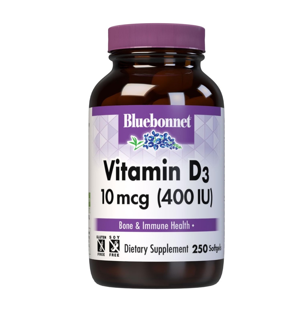 Bluebonnet Nutrition Vitamina D3 400 U Softgels, Ayudas en el músculo y el crecimiento esquelético, Cholecalciferol de Fish Oil, Non GMO, Gluten Free, Soy Free, Dairy Free, 250 Softgels