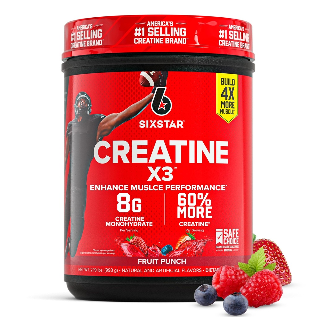 Powder de Monohidratos de 6 estrellas, X3 (Fruit Punch) - Cretina Saborada HCl Powder Monohydrate Suplemento para la construcción del músculo " Rendimiento - Post Workout Suplemento para Hombres " Mujeres - 30 Serviciones