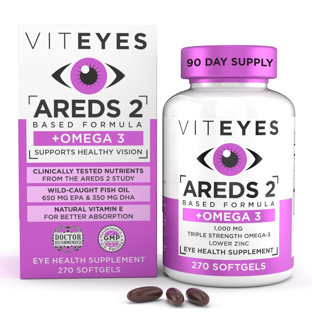 Viteyes AREDS 2 + Omega-3 Soporte Macular Softgels, Plus Triple Fuerza Omega-3 (650 mg EPA, 350 mg DHA) para Salud del Corazón y Salud Ocular, Vitaminas Oculares, Suplemento Visión, 270 Softgels