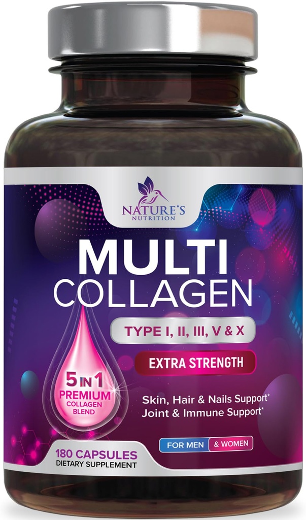 Multi Collagen Supplement 2400 mg - Types I, II, III, V & X Multi Collagen Peptides Pills for Women ' Men, Hydrolyzed Collagen Supplements, Hair, Skin, Nail, & Joint Support Supplement - 180 Capsules