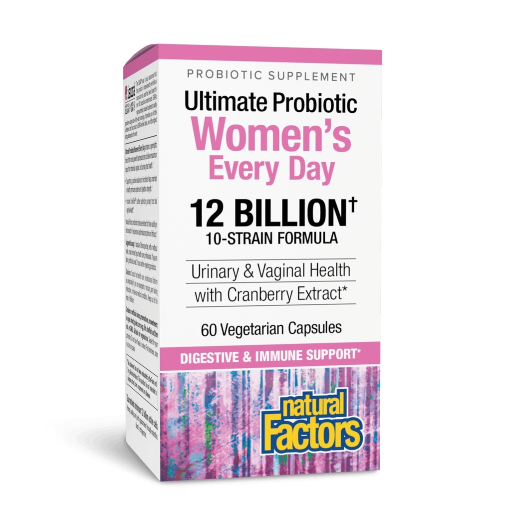 Factores naturales Ultimate Probiotic Women's Every Day - Digestive Health Support Supplement - Probiotic Supplement for Urinary Tract &amp; Vaginal Health Support - 60 Vegetarian Capsules (60 Servings)