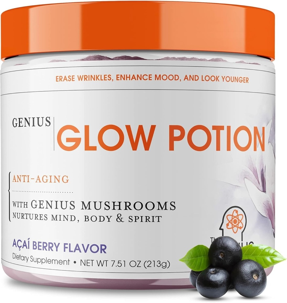 La Poción Genius Brand Genius Glow - Suplemento diario de Skincare para la piel de la guanición - Apoyos Hidratación, Elasticidad, Immune Health & Brain Function - Funcionado por Nootropics - Acai Berry - 30 Servimientos