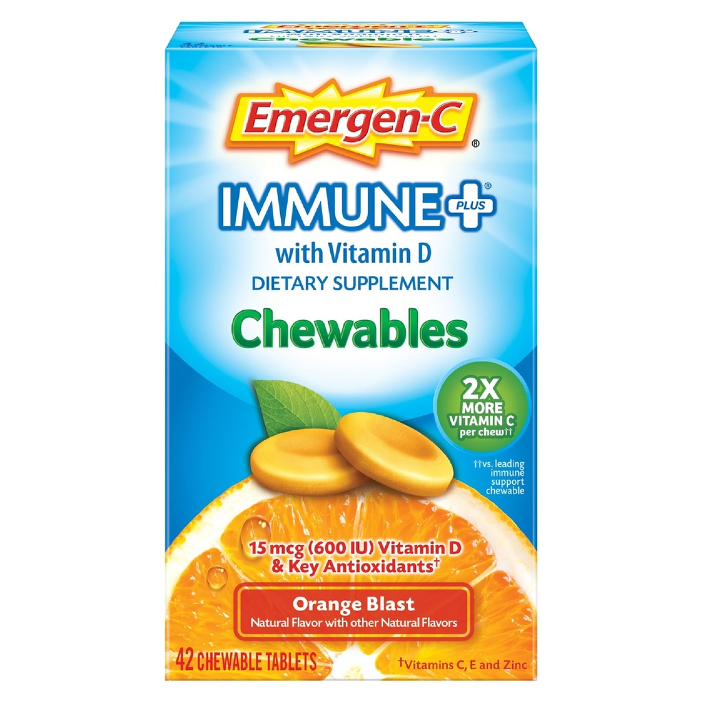 Emergen-C Immune+ Chewables 1000mg Vitamina C con Vitamina D Tablet, Immune Support Suplemento dietético para la inmunidad, Orange Blast Flavor, Volver a Esenciales Escolares - 42 Cuenta