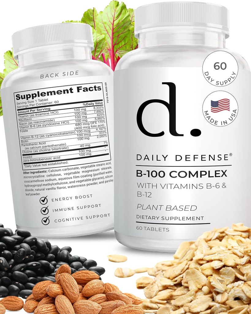 B Complejo Vitaminas para Hombres &amp; Mujeres B-100 Complejo con Vitamina B-6, Vitamina B-12, Thiamin, &amp; Más - Suplementos de Energía Basada en Plantas para Apoyo Cognitivo Inmune - 60 Tabletas