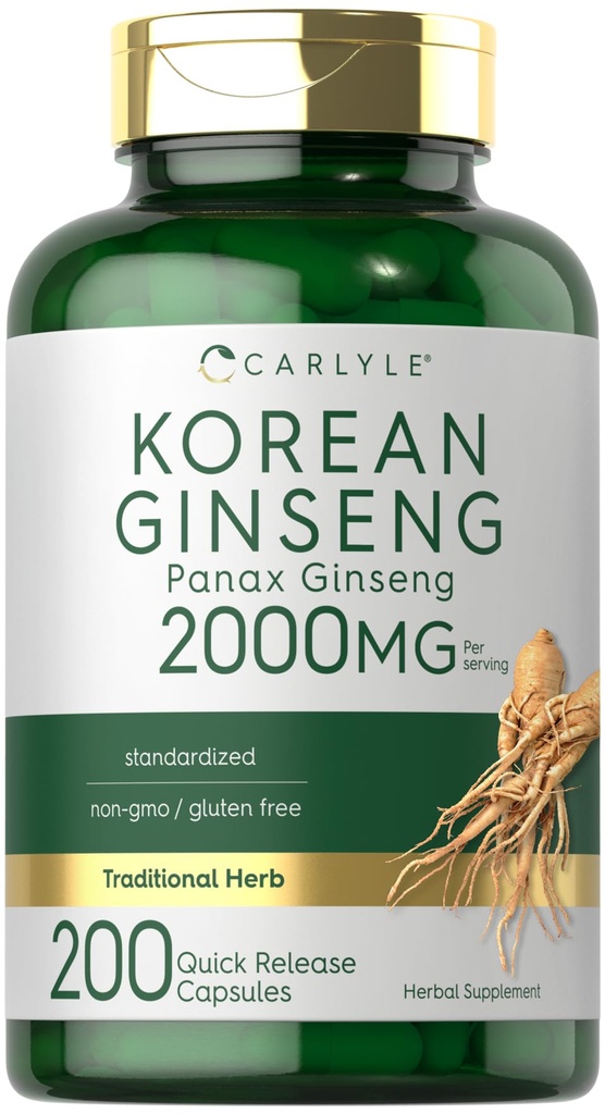 Carlyle Korean Ginseng Extract Capsules 2000 mg  200 Capsules ← Non-GMO y Gluten Free Formula ← Standardized Panax Ginseng Supplement