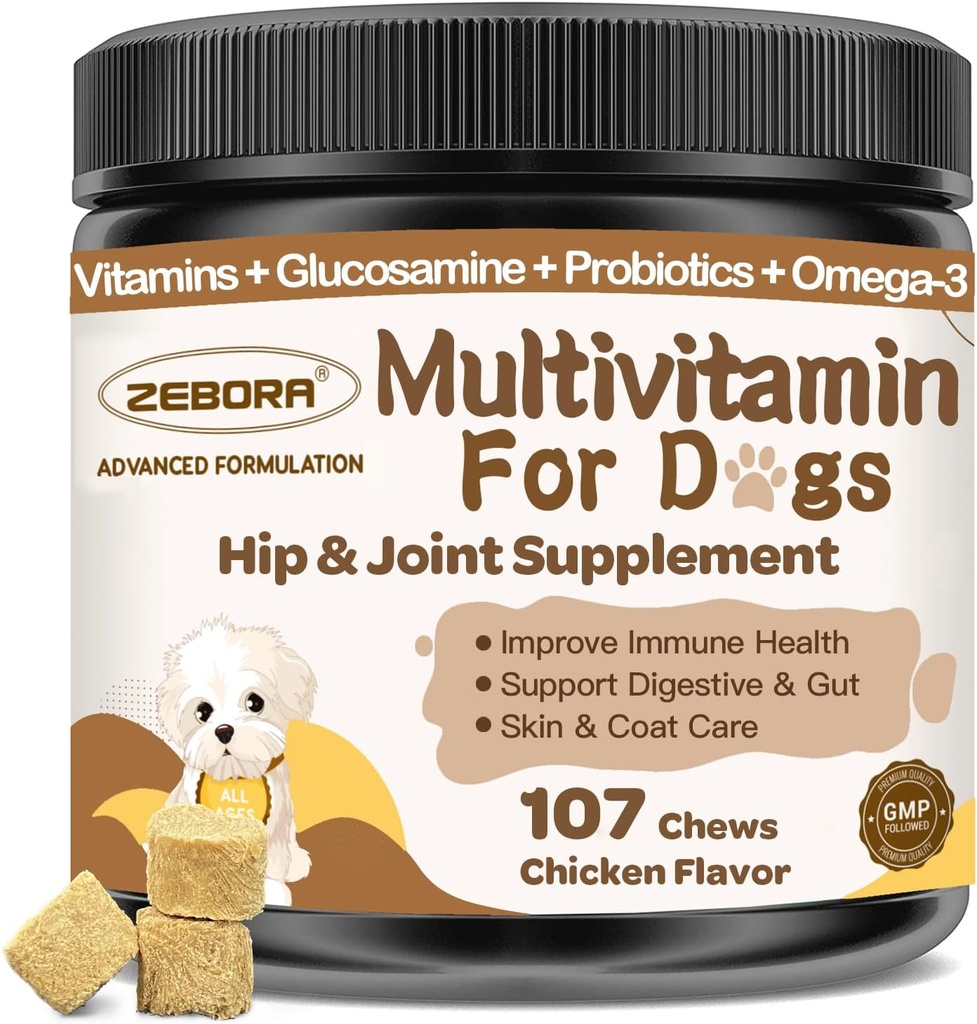 Multivitamina de perros con minerales para la salud general - Vitaminas y Suplementos de perros con Glucosamina, Probióticos para perros cachorros con minerales - Omega 3 Aceite de pescado para la piel - 107 Chews