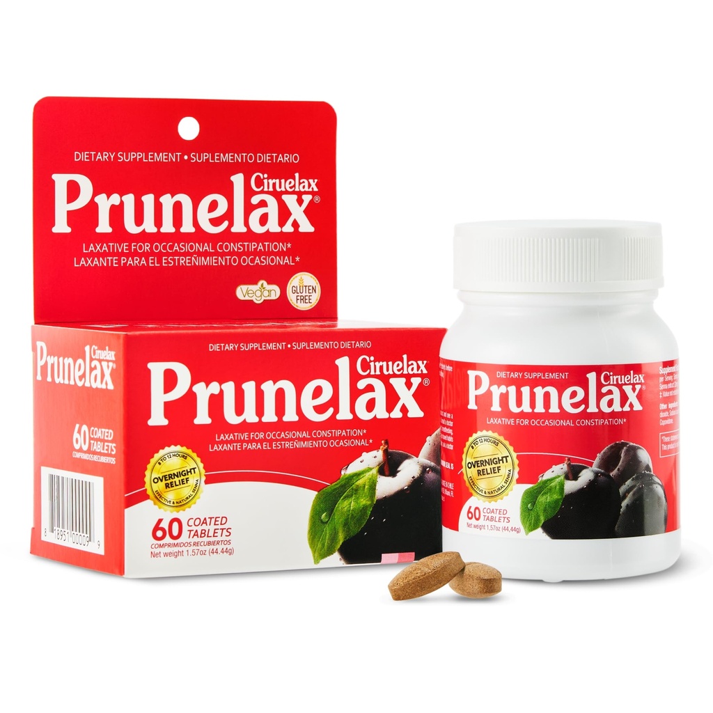 Prunelax Ciruelax Tablas Laxantes de Fuerza Ordinaria - Alivio de la noche para el estreñimiento ocasional, Extracto de Senna, Alivio Gentle libre de gluten y acción rápida - 60ct