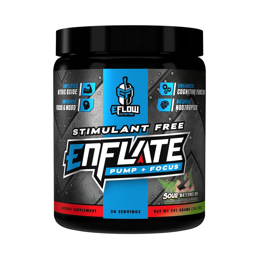 eFlow Nutrition Enflate Stimulant Free Preworkout Supplement - Pump and Focus Nootropic Pre Workout Powder to Boost Focus for Men &amp; Women - Sour Watermelon (30 Servings)