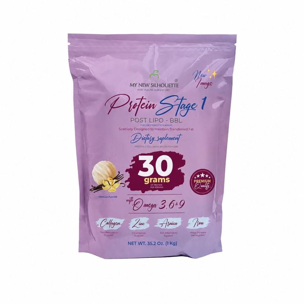 MI NUEVA SILUETA My New Silhouette Protein Post BBL Stage 1 (vainillA) omegas 3, 6, 9 potencializado con Treinta Gramos de Proteína por Shake