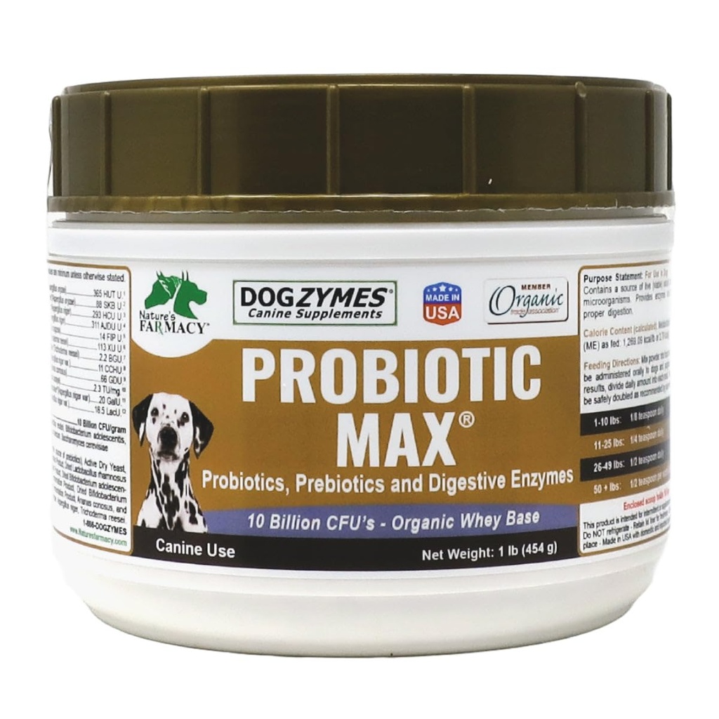 Dogzymes Probiótico Max -10 Billones Probióticos de CFU, Prebióticos, Enzimas Digestivos - Alivia la Diarrea, Upset Stomach, Estreñimiento, Gas, Alergia, Inmunity &amp; Health Global 1 Pound