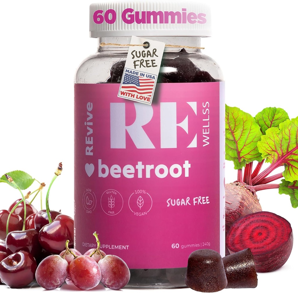 Gafas de remolacha con extracto de semilla de uva Suplementos de energía I Sugar Suplementos de óxido nítrico gratis para hombres &amp; mujeres I Asistencia general de la presión sanguínea I 60 Gummies - Cherry Flavor