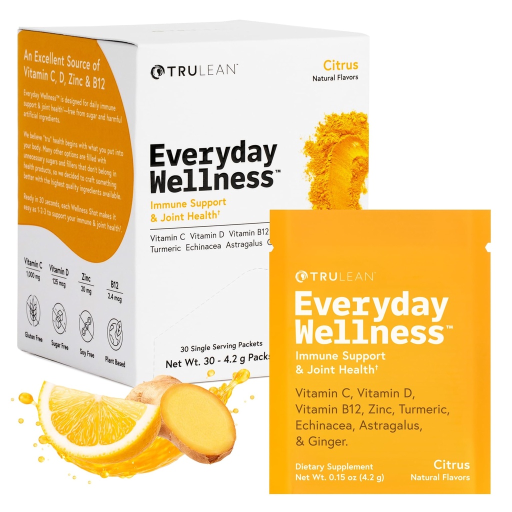 TRULEAN Everyday Wellness Shot Powder - Turmeric, Ginger, Vitamina C, Inmunity &amp; Immune Support Suplemento - No Artificial Ingredients, No Sugar &amp; Gluten Gratis - 30 Packets Citrus Flavor