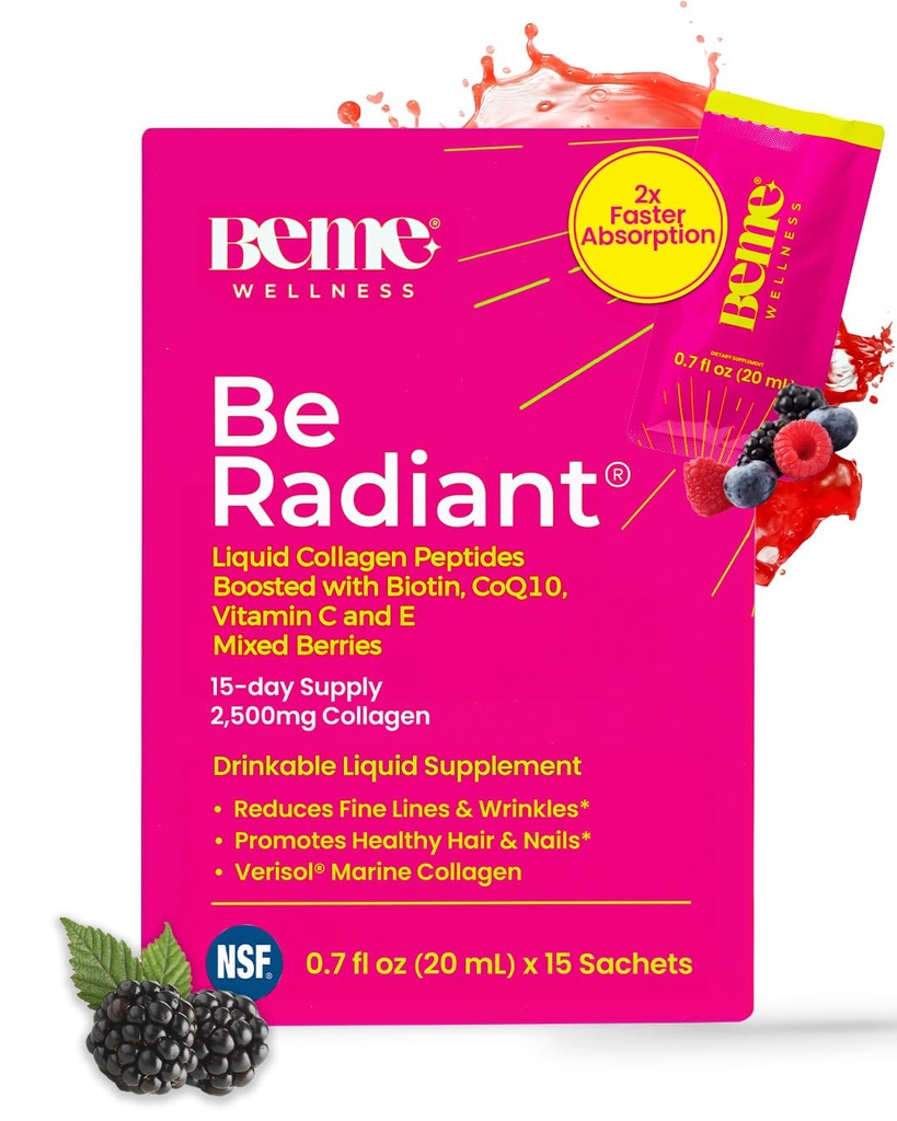 BeMe BeRadiant Líquido Collagen Peptide for Hair, Skin & Nails with 2X Faster Absorption – Testado clínico – 2500mg Verisol Hidrolyzed Collagen Suplementos para Mujeres con Biotina, CoQ10 & Vitamina C