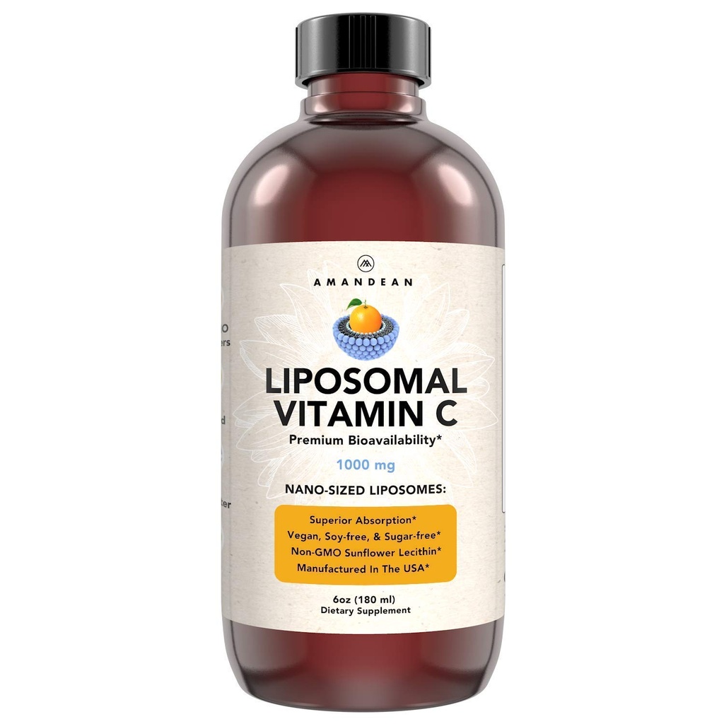 AMANDEAN Liposomal Vitamina C 1000mg. Líquido VIT C Suplemento. Soporte inmunitario, salud de la piel, producción de colágeno. Entrega rápida de antioxidante Absorbing. Quali-C, Soy-Free, Vegan, Non-GMO.