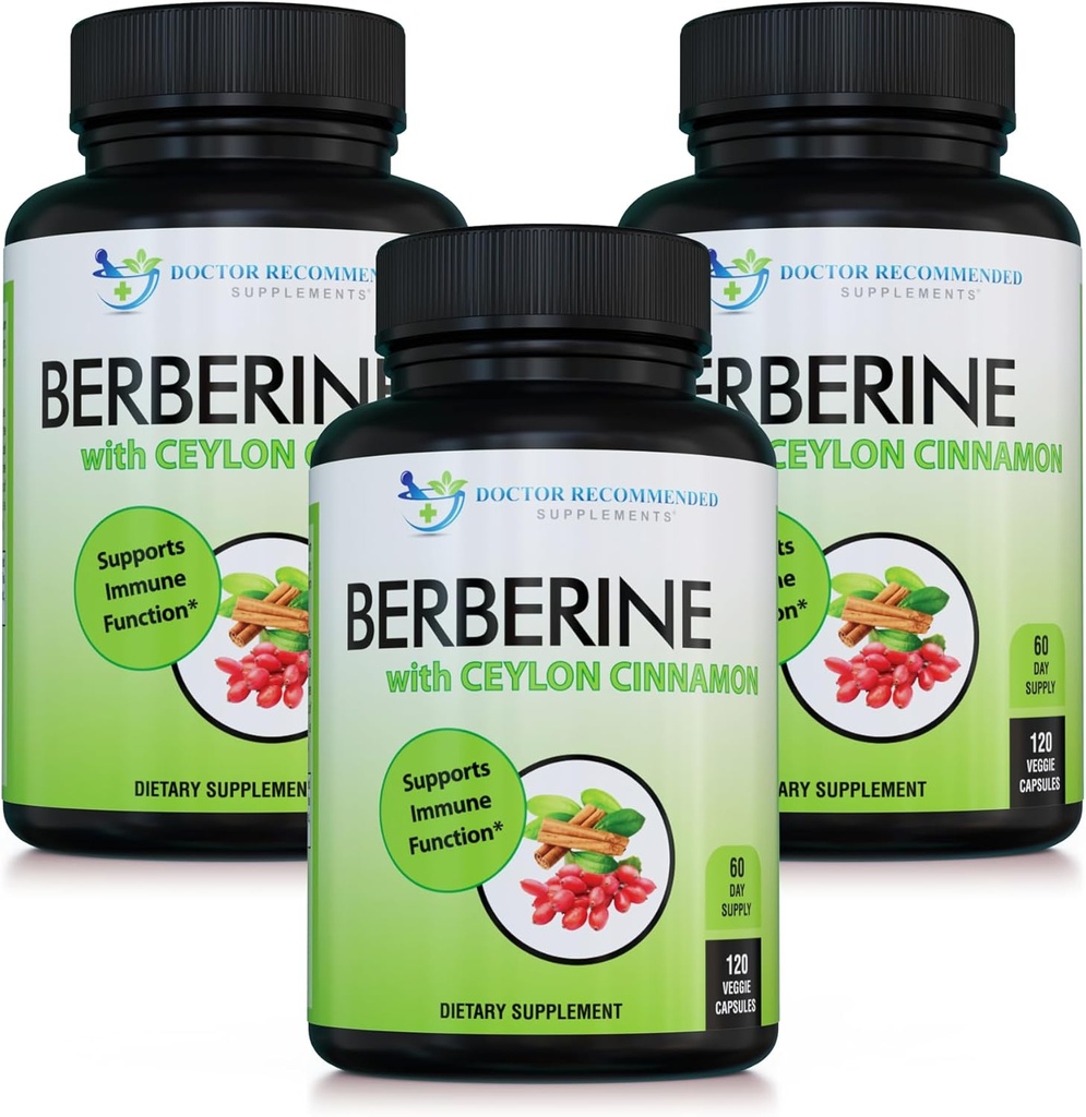 DOCTOR RECOMMENDED SUPPLEMENTS Berberina con canela de Ceylán - 1200mg Berberine & 100mg Ceilán ecológico - 120 cápsulas de verduras, (Pack de 3)