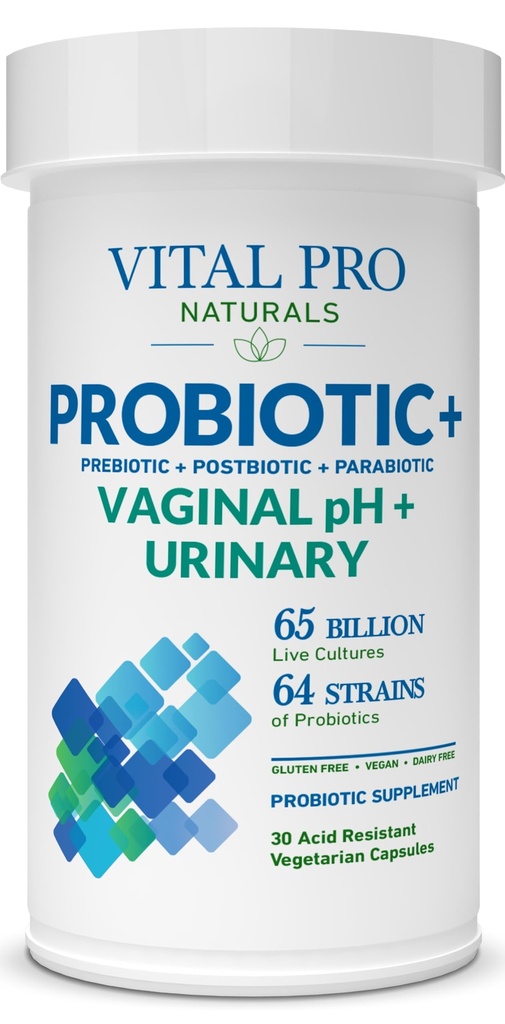 Vital Pro Naturals - Vaginal pH & Urinary Probiotics + Prebióticos, Postbióticos, Parabióticos, 4-en-1 Suplemento para Mujeres, Alta Potencia, 64 Estragos, Digestivo, Vaginal, orina, Salud Inmune, 30 ct