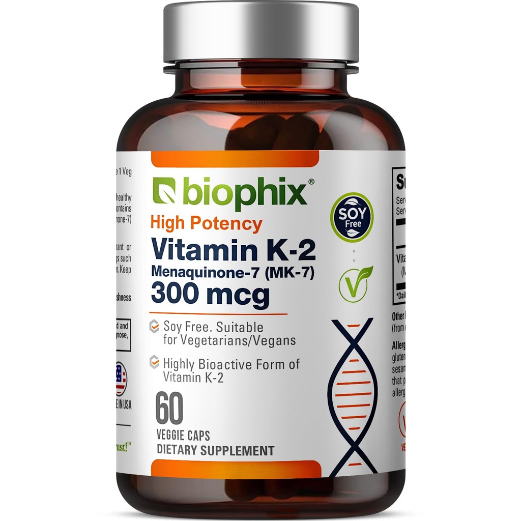 biofijo Vitamina K2 MK-7 300mcg, 60 cápsulas veganas – Suplemento de alta potencia para la fuerza ósea y la salud inmune