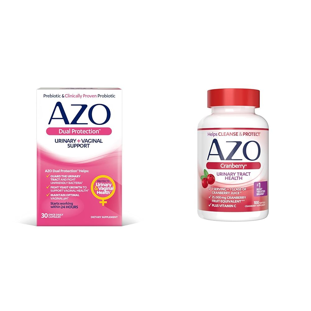 AZO Dual Protection ¦ Urinary + Vaginal Support* ⋅ Prebiotic Plus Clinically Proven Women's Probiótico Silencio Comienza a trabajar dentro de las 24 horas latitud No-GMO ← 30 Conde & Cranberry Urinary Tract Health Supplement
