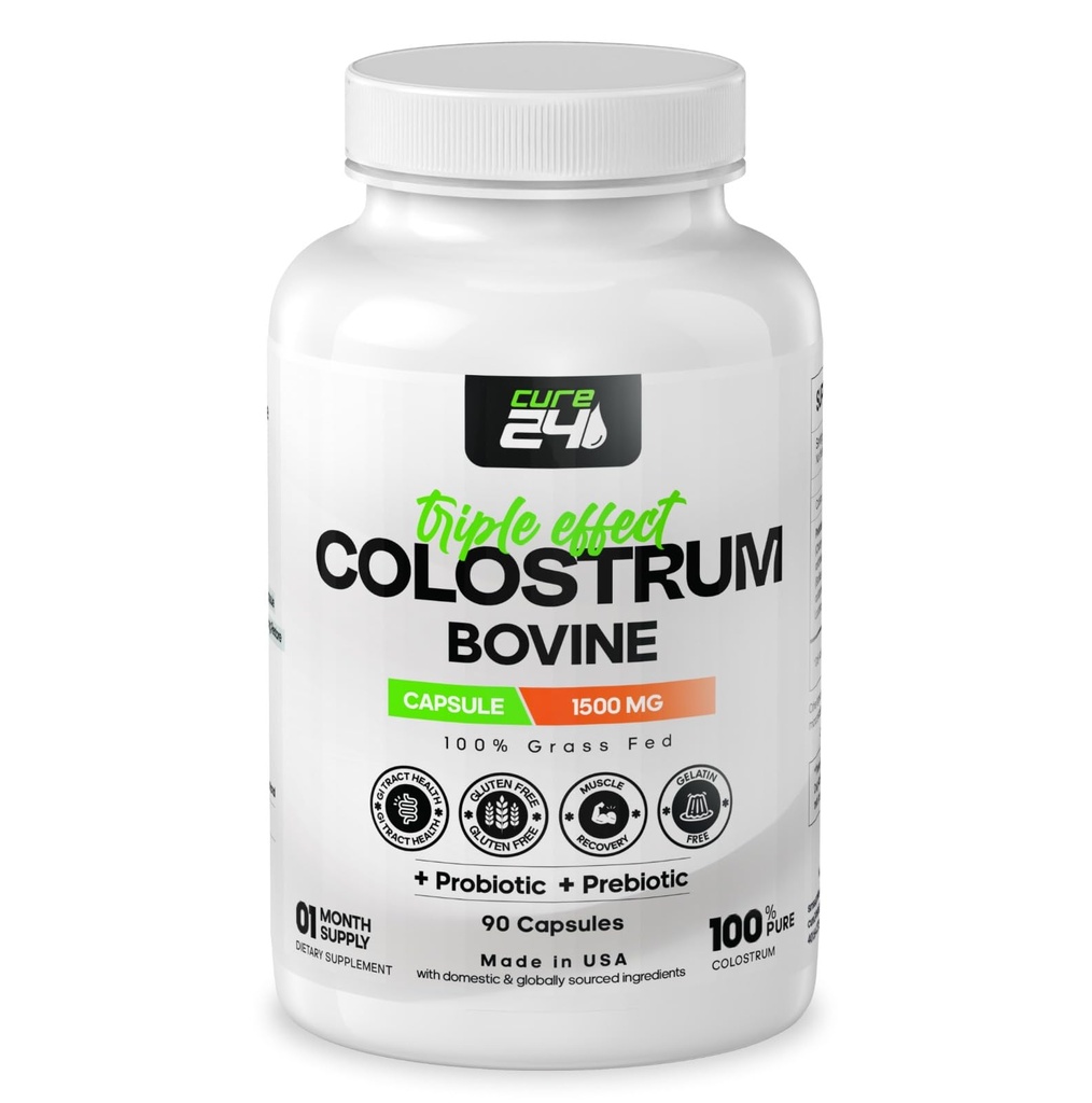 Bovine Colostrum X3 Capsule Supplement for Humans, 100% Puro Comple Natural Grass Superfood, High IgG, Plus Probiotic & Prebiotic, Made in USA