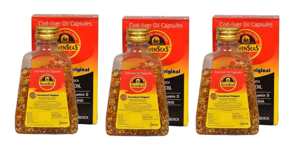 Seenseas Cod Liver Oil 500 softgel Capsules (Pack of 3) tención 500 * 3=1500 Capsules ← Pura Vitamina Rich  Best Immune Health, Healthy Bones & Muscles Dietary Supplement