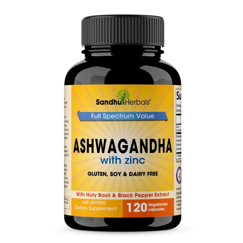 SANDHUHERBALS Sandhu Herbals Ashwagandha Suplemento perpetua 120 Orgánica 4 en 1 cápsulas, 2 Meses Abandonar con Zinc, Black Pepper & Holy Basil Extract soporta Immune Health permanente Non-GMO