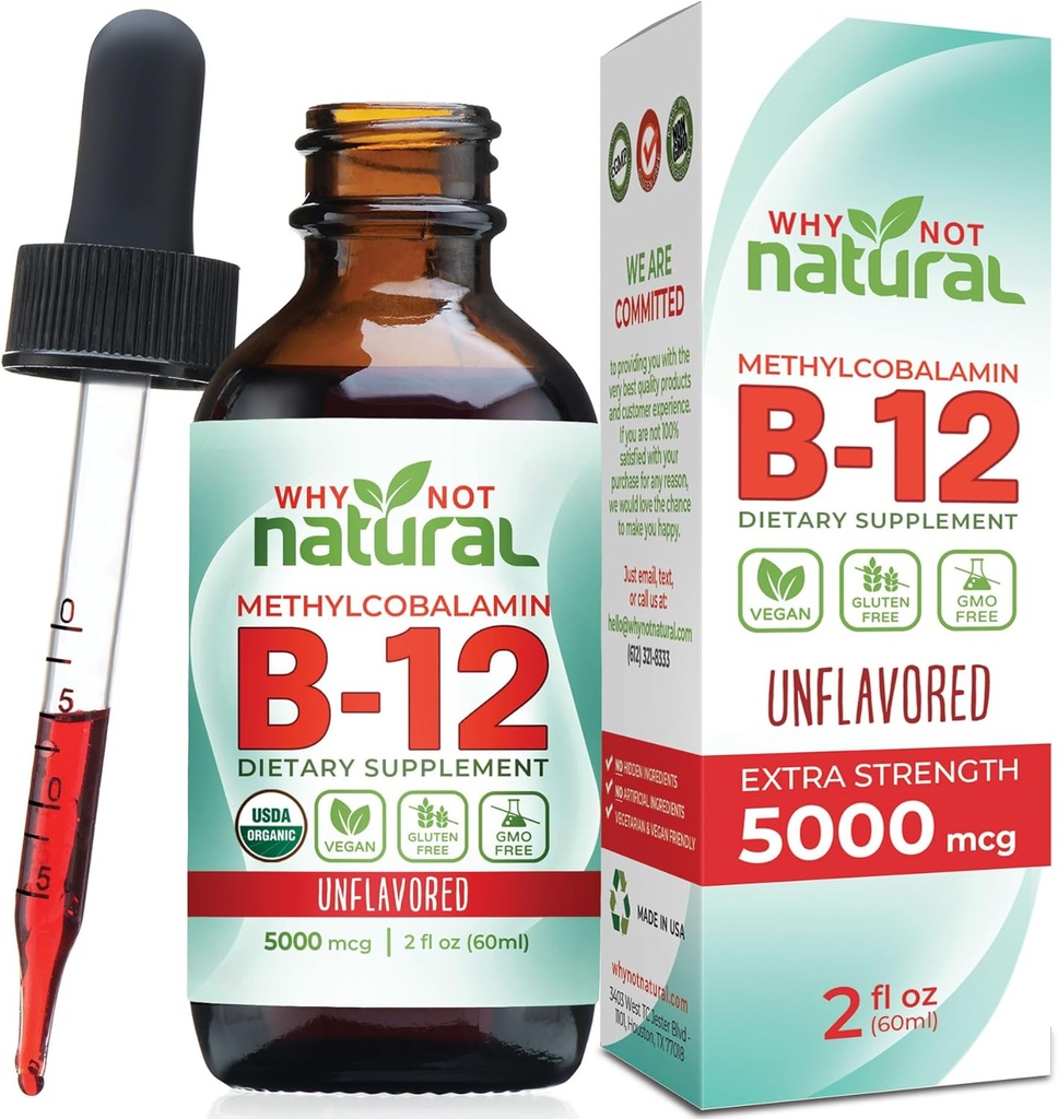 ¿Por qué no la vitamina orgánica natural B12 Líquido - Estrangulamiento extra sublingual 60 x 5000 mcg gotas de metilcobalamina, Vegan, Maximizar la absorción y la energía