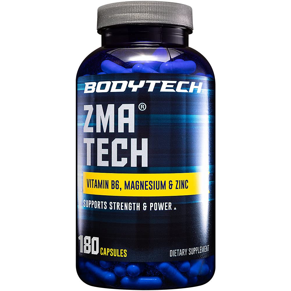 BODYTECH ZMA-Premium Zinc, Magnesio y Vitamina B6 Suplemento para apoyar la recuperación del músculo mejorada, la calidad del sueño mejorada y la salud óptima de inmunodeficiencia, Boosts Muscle Strength (180 cápsulas)
