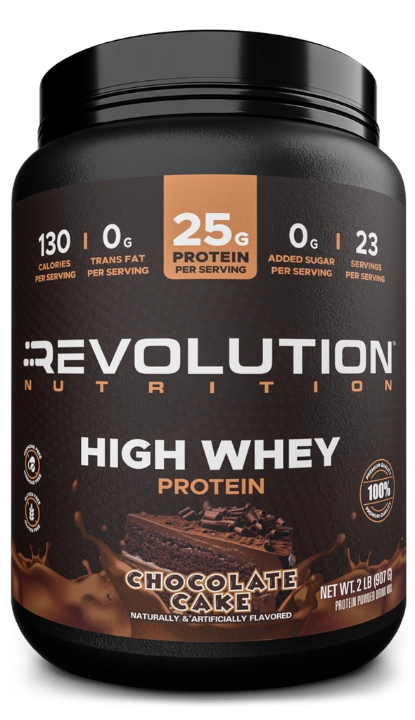 Revolution Nutrition, High Whey, Protein Powder 2LB, Whey Isolate, Gluten Free, Lean Muscle Mass for Men &amp; Women, 25g of Protein Per Scoop, 908 g, 24 Servings (Chocolate Cake, 2 libras)