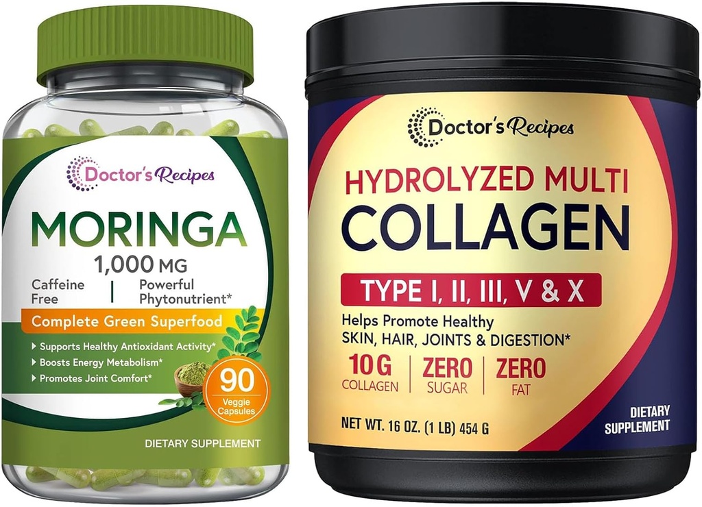 Doctor's Recipes Moringa 90 Vegan Caps & Multi Collagen Peptides Powder 16oz