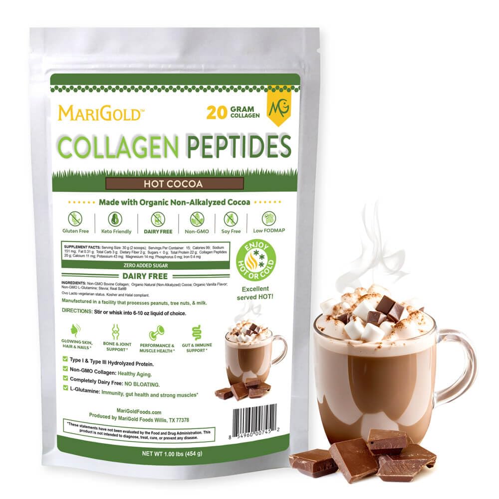 MariGold Peptides colágeno alimentados por hierbas Powder Hot Cocoa 1LB - 100% Puro, Tipo I & III Collagen hidrolizado Bovino, No GMO, Hormona Gratis, Soy Gratis, Gluten Free, Dairy Free, Keto-Friendly