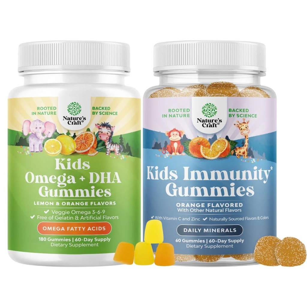 Bundle of Omega DHA Gummies for Kids - Fatty Acids Omega 3 6 9 with Vitamin C for Brain, Immunity & Vision and Kids Immunity Support Gummies - Delicious Vitamin C with Zinc &amp; Echinacea Immune Booster