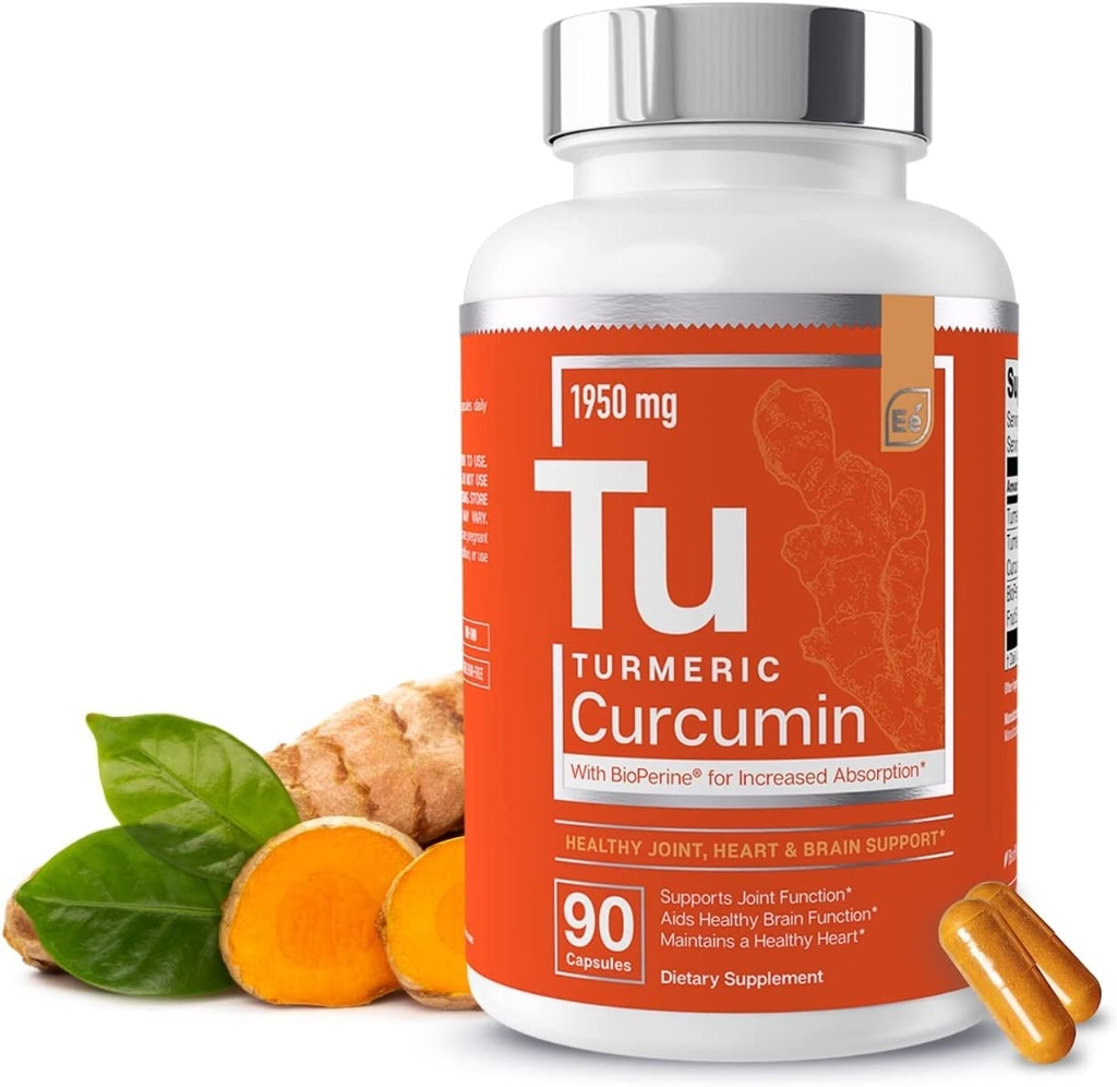 Elementos esenciales Curcumina Turmérica - Soporte Cerebro Conjunto, Corazón - con Bioperina para aumentar la absorción 1950 mg - 90 cápsulas