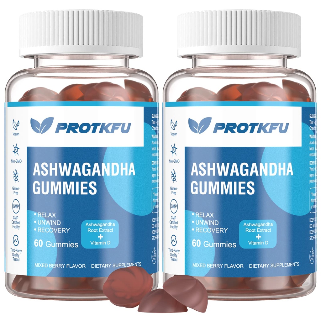 2 Pack Ashwagandha Gummies & Vitamina D3 Gummies Organic Aswangdha Supplement for Improve Sleep, Stress Relief & Mood Calm (No-GMO, Gluten-Free &amp; Sugar Free)