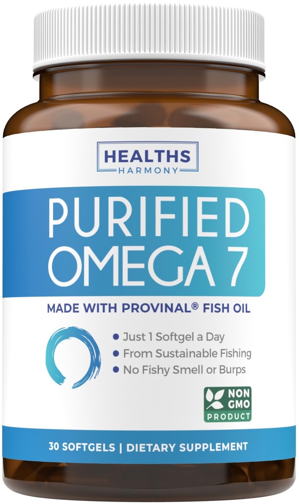 Omega 7 Suplemento para Mujeres y Hombres - Alta Potency & Purity Palmitoleic Acid Fatty Acid Fish Oil Suplemento de Patented Provinal con Lowest Palmitic Acid - Sosteniblemente Fuente (1 Mes)