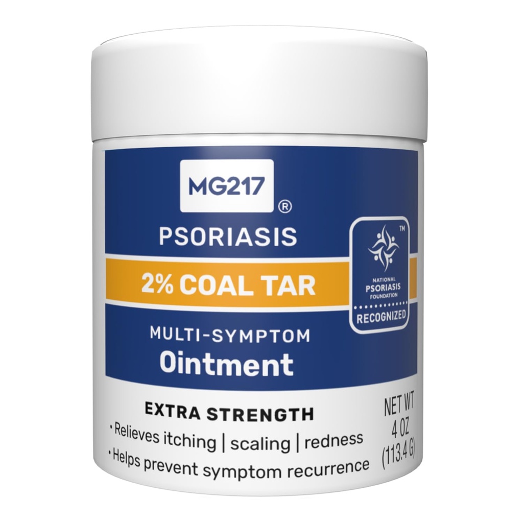MG217 2% Ungüento de carbón para la psoriasis, Alivio de varios síntomas de fuerza extra, Alivio de varios niveles, Alimenta eficazmente la picazón, Escalada, Redness, Vitamina A, D y E, 4 oz Jar