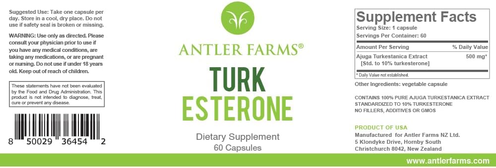 Antler Farms - 100% Pura Turkesterone, 60 cápsulas, 500 mg – Ajuga Turkestanica Extract Std. a 10% Turkesterone, Men’s Health Support Powerful Antioxidant Supplement
