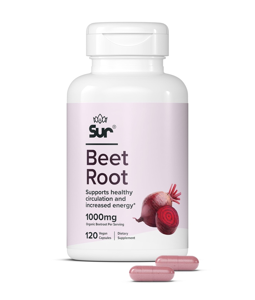 Sur Organic Beet Root Capsules 1000mg - Supports Healthy Circulation and increased Energy - Nitric Oxide Superfood (120 cápsulas)