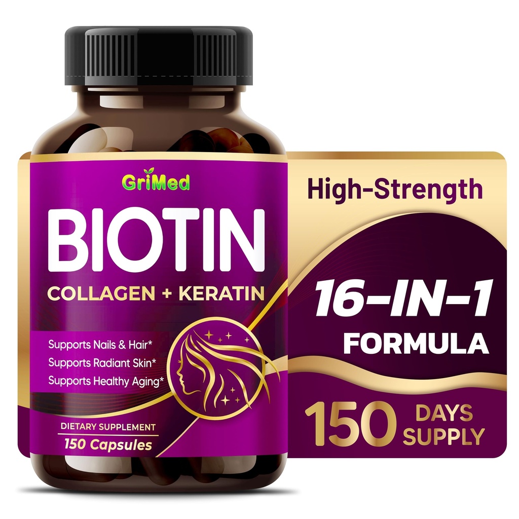 GriMed BIOTIN con Collagen + Keratin 7,275mg fuertes uñas " pelo, piel radiante, envejecimiento saludable- EE.UU. probado " (150 conteo (Pack of 1))