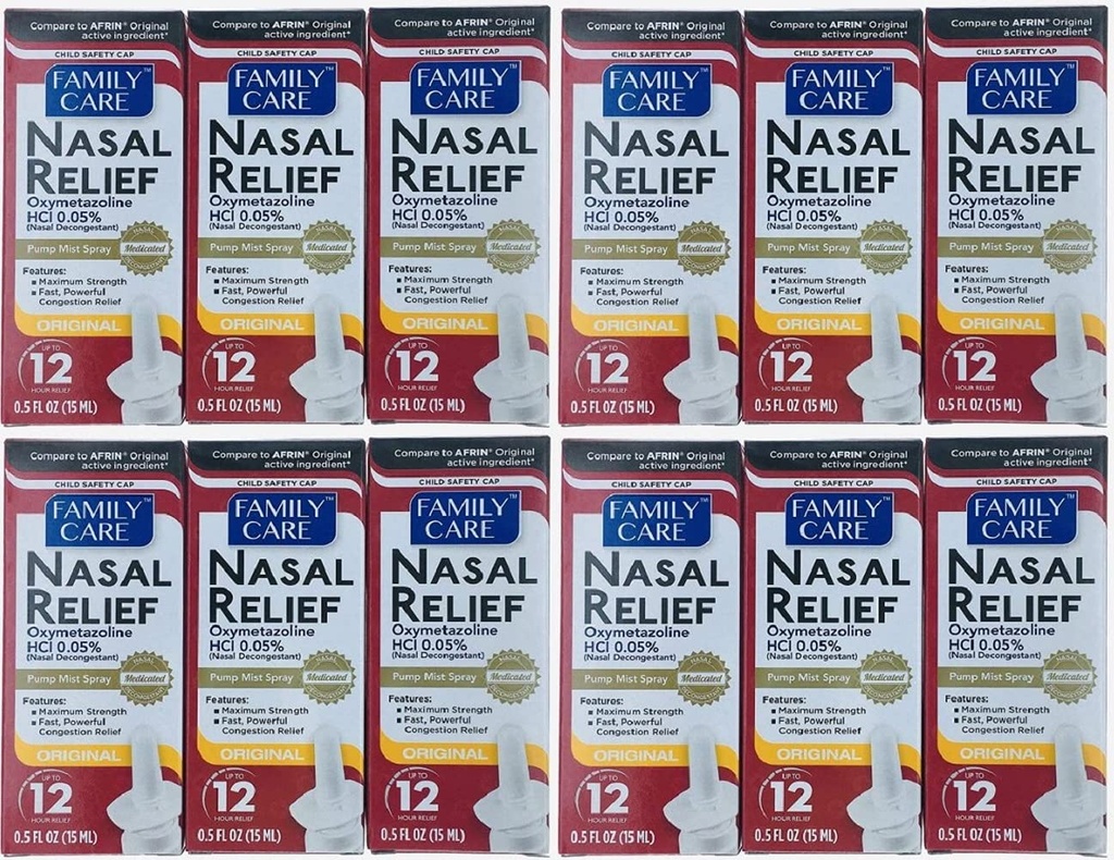 (12 pack) Nasal Relief Spray, 12 horas Pump Mist (Oxymetazoline HCL) 0.5 fl oz