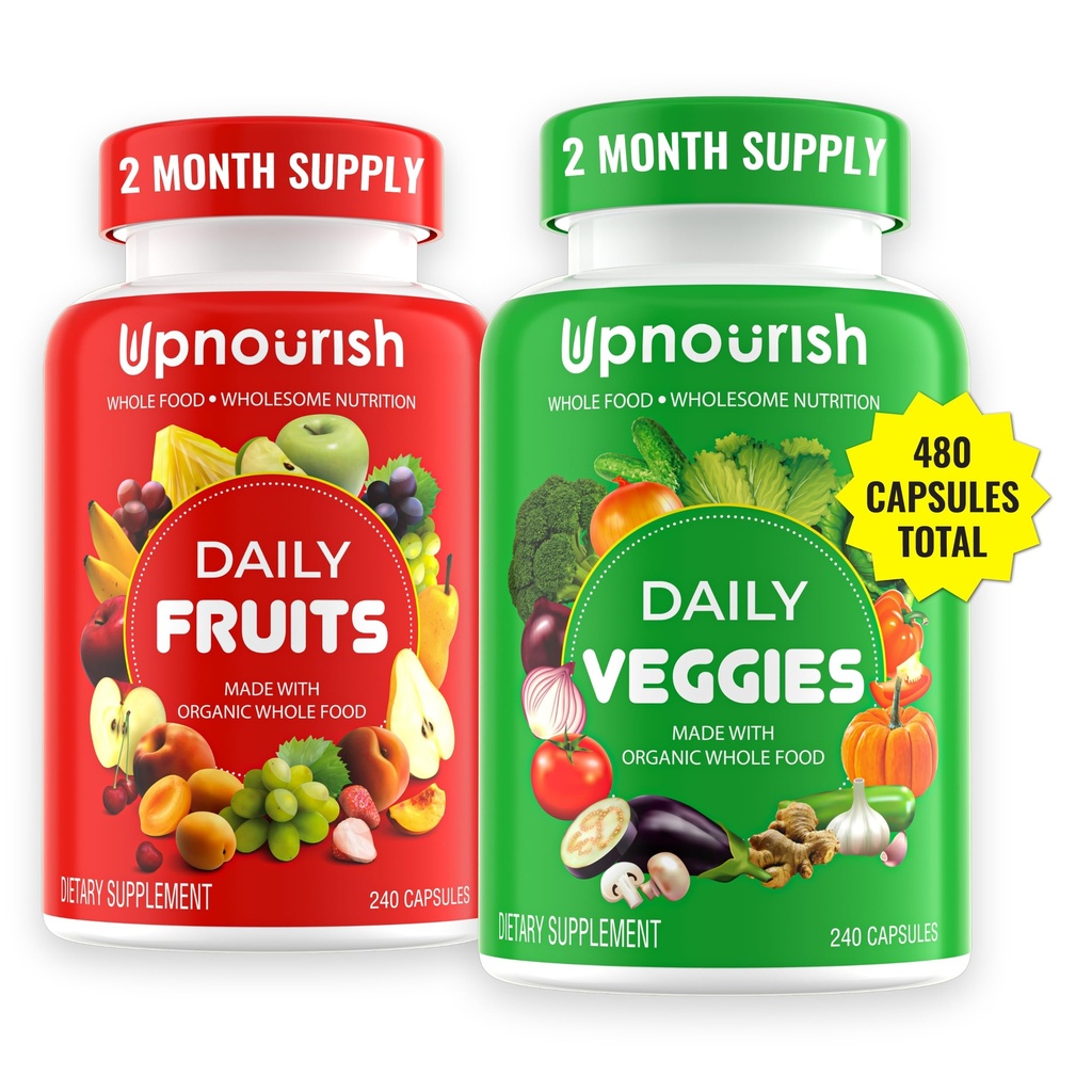 UpNourish Organic Fruits and Veggies Supplement - Support Diet Balance, Body Cleanse & Energy - 480 Fruits and Super Greens Capsules from Nature - Fruit and Vegetable Supplements for Adults &amp; Kids