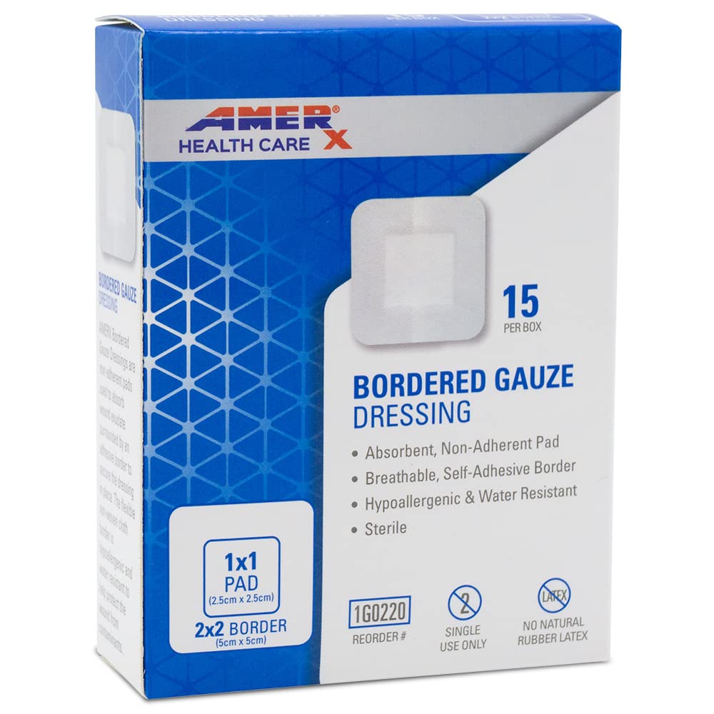 2" x 2" Vestir (1x1 Pad) AMERX Pulsera Fronteriza - Bandages adhesivos - Barrera resistente al agua - Frontera autoadhesiva - Respirable, hipoalergénico - 15 Pads Por Box