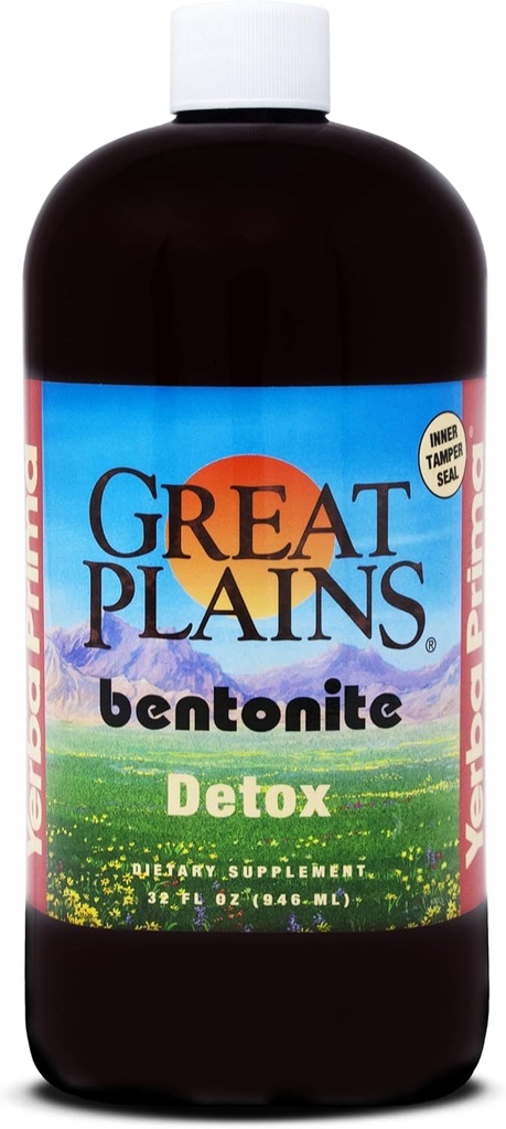 Yerba Prima Great Plains Bentonite - 32 oz - Suplemento de limpieza de arcilla líquido natural - Botella de plástico libre BPA