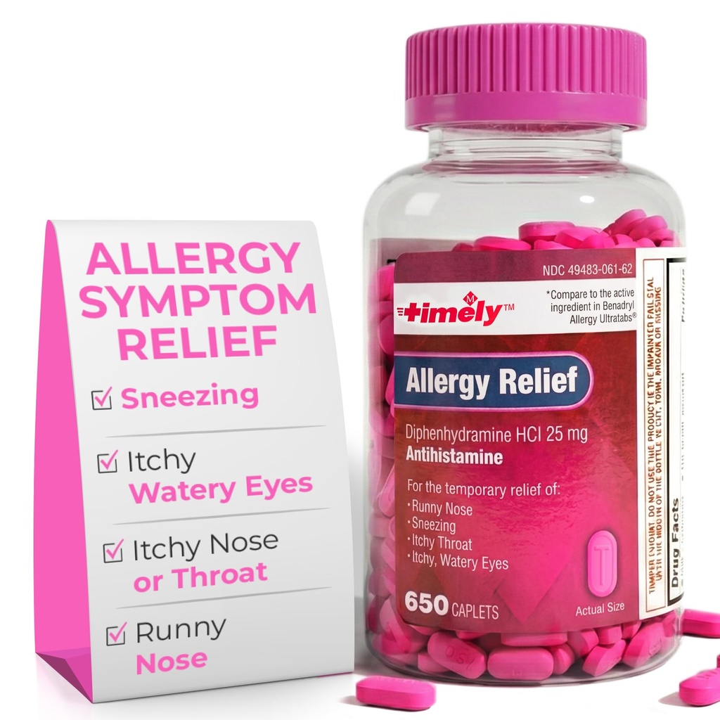 Alivio de la alergia Diphenhydramine HCl 25 mg - 650 cápsulas - Comparado con Benadryl Allergy Ultratab - Antihistamine - Medicación de la alergia - Alivio de la nariz de rubí para adultos - Tratamiento de los ojos de agua