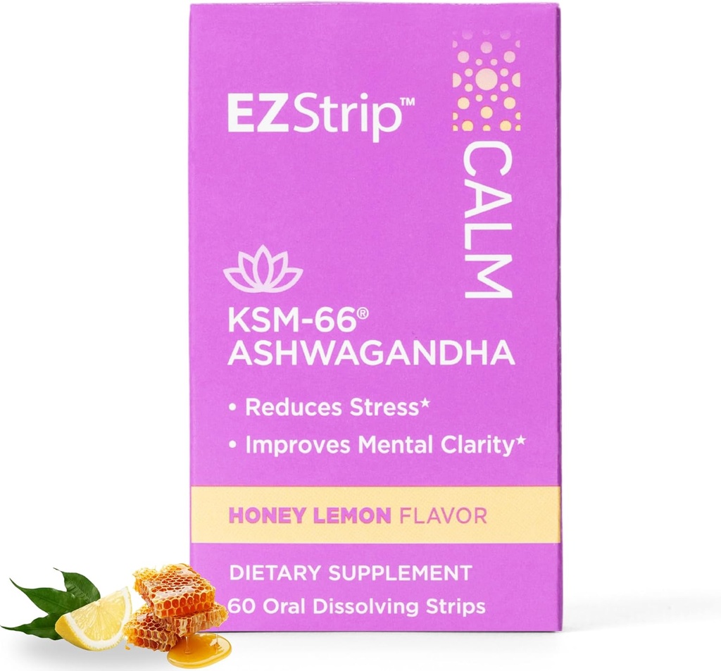 Calma – KSM-66 Ashwagandha Fajas Orales. Stress Relief and Focus Supplement. Honey Lemon Flavor. Sugar Free, Gluten Free, Allergen Free, Non-GMO. Made in USA in an FDA-Registered Facility. 60 Pk